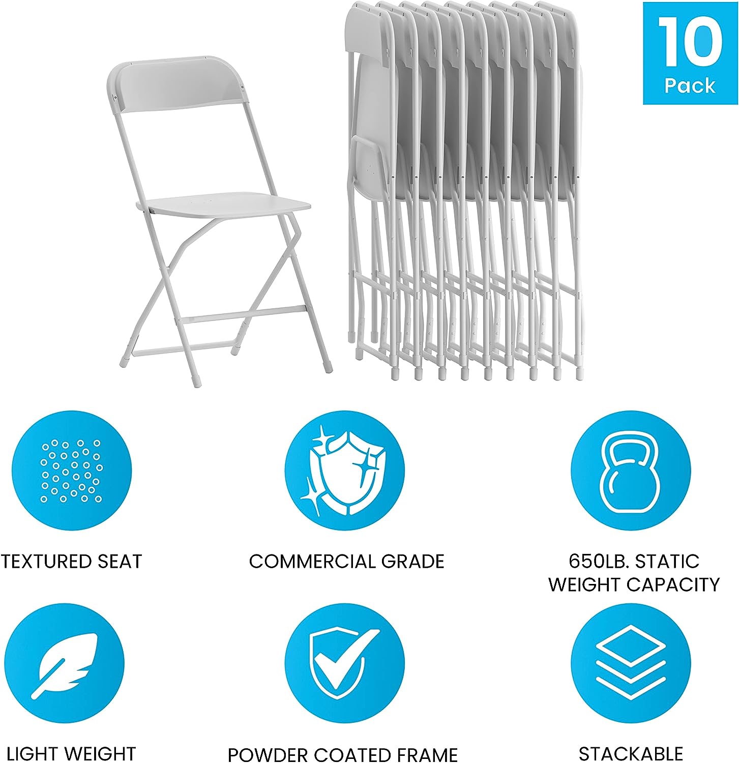Juego de 10 sillas plegables de plástico - Silla plegable liviana y apilable con capacidad de peso de 650 LB en color blanco