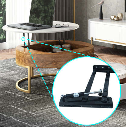 Mesa de centro redonda con tapa elevable y cajones giratorios dobles