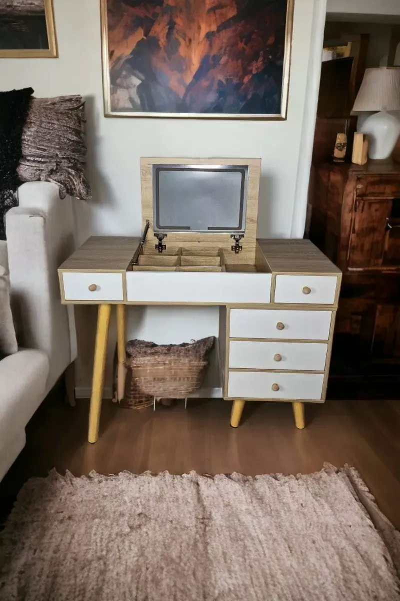 Tocador Moderno Expandible Espejo Abatible 3 Luz Led Banco