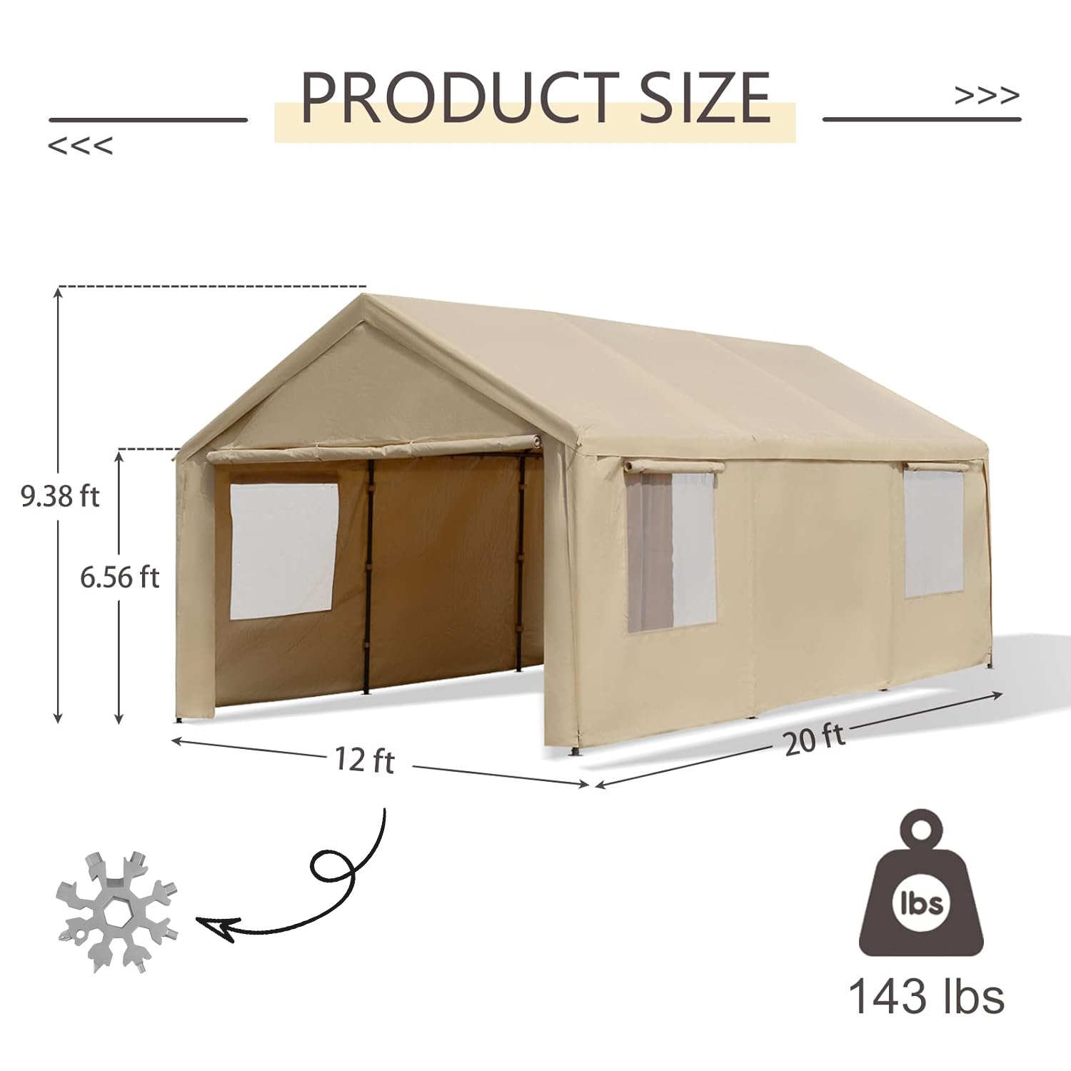 Gardesol Carport, 12'x20' extra grande y resistente con ventanas enrollables ventiladas, garaje portátil con paredes laterales y puertas extraíbles para coche, camión, SUV, toldo para coche con lona para todas las estaciones, color beige