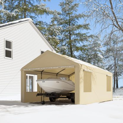 Gardesol Carport, 12'x20' extra grande y resistente con ventanas enrollables ventiladas, garaje portátil con paredes laterales y puertas extraíbles para coche, camión, SUV, toldo para coche con lona para todas las estaciones, color beige