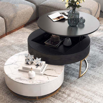 Mesa de centro redonda con tapa elevable y cajones giratorios dobles
