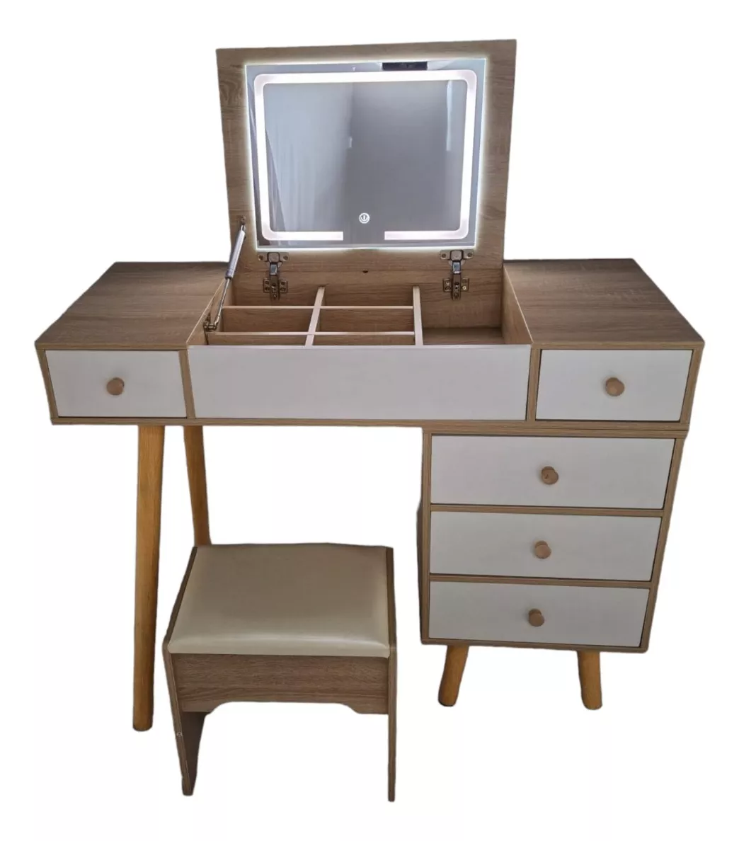 Tocador Moderno Expandible Espejo Abatible 3 Luz Led Banco