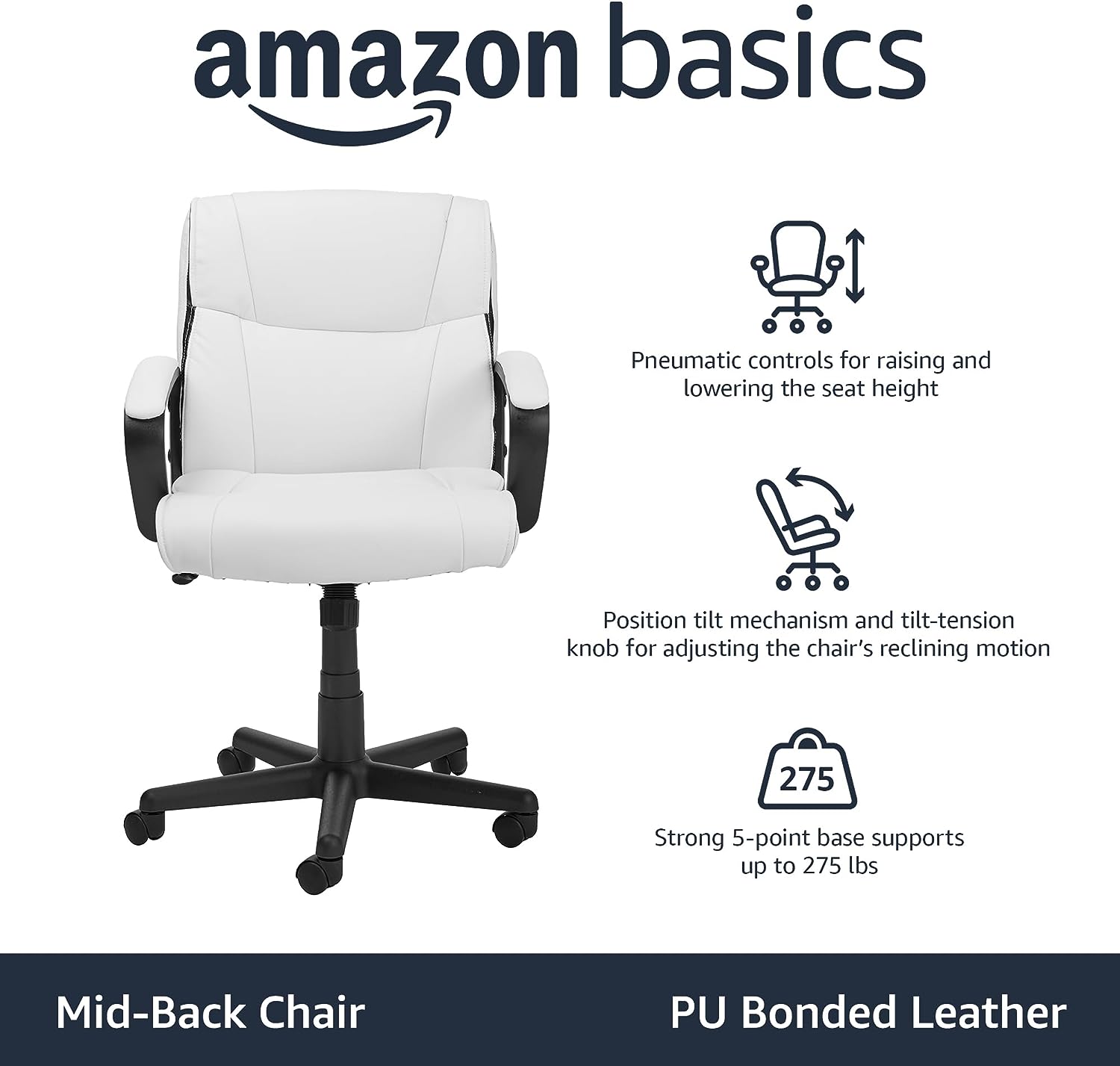 Silla de escritorio acolchada de oficina con reposabrazos, altura / inclinación ajustable, giro de 360 grados, capacidad de 275 libras, color blanco