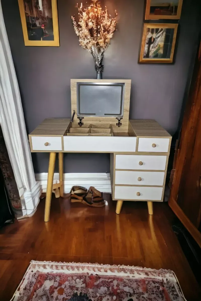 Tocador Moderno Expandible Espejo Abatible 3 Luz Led Banco