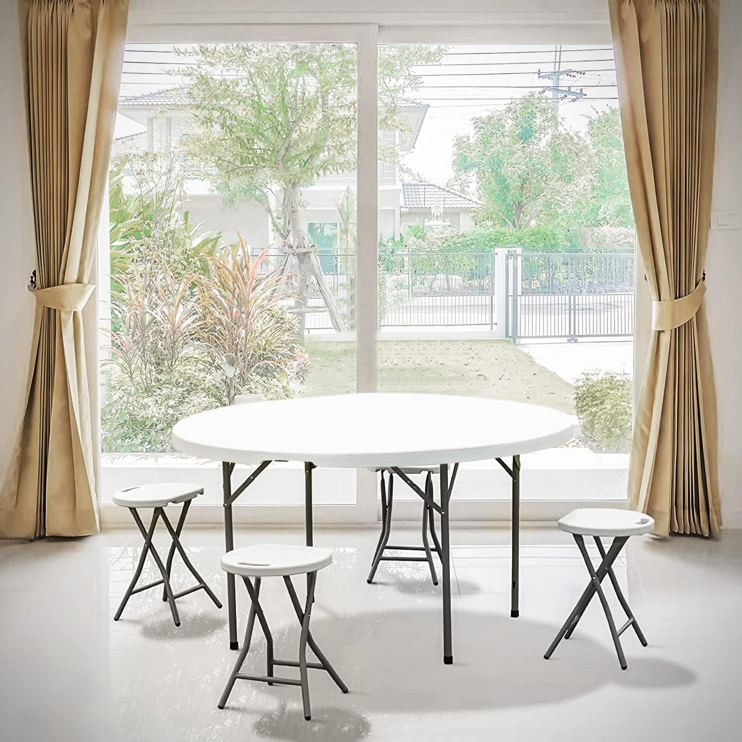 Mesa plegable redonda de 4.5 pies, mesa de comedor de plástico para interiores y exteriores con asa y cerradura para picnic, fiesta, banquete, boda, color blanco