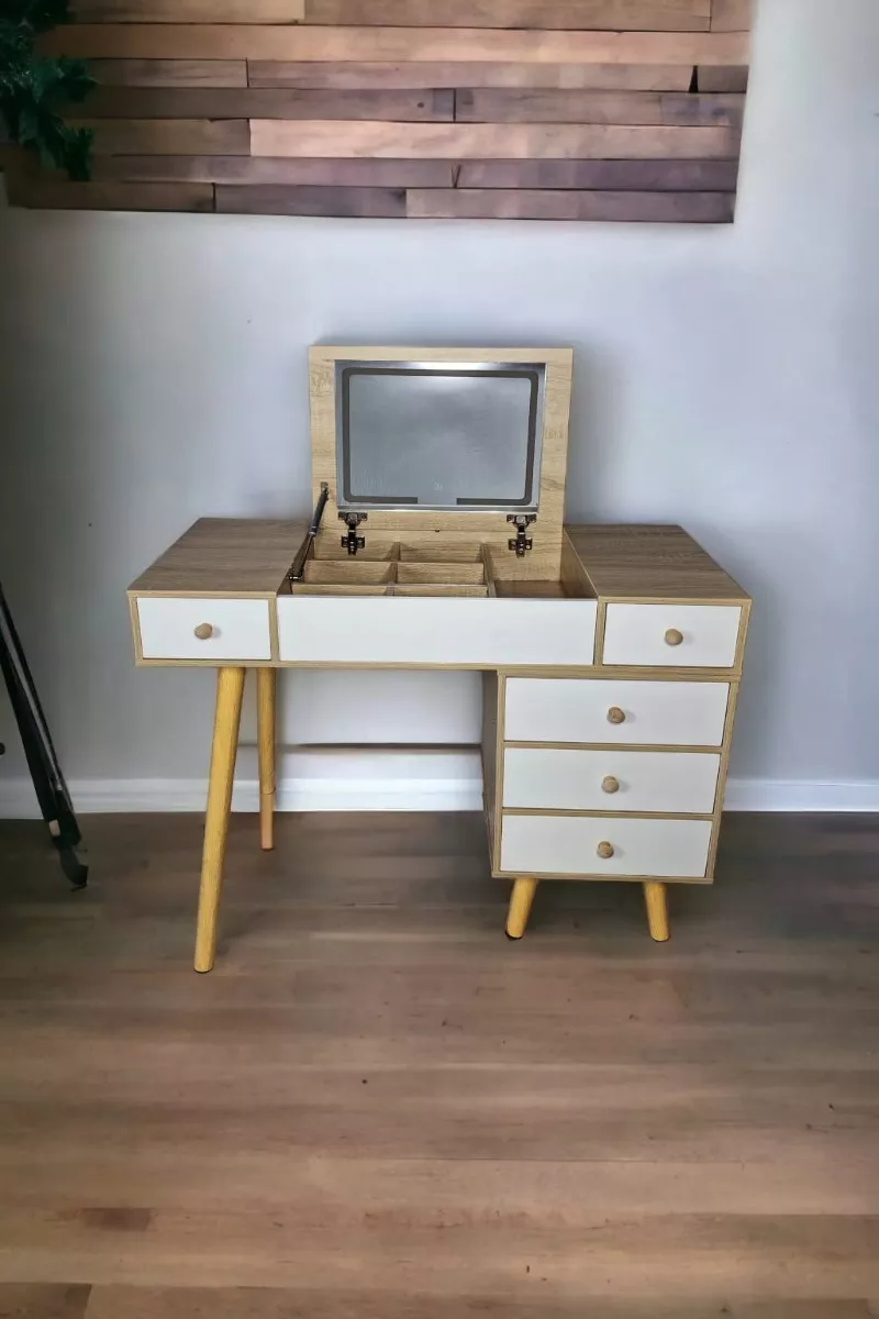 Tocador Moderno Expandible Espejo Abatible 3 Luz Led Banco