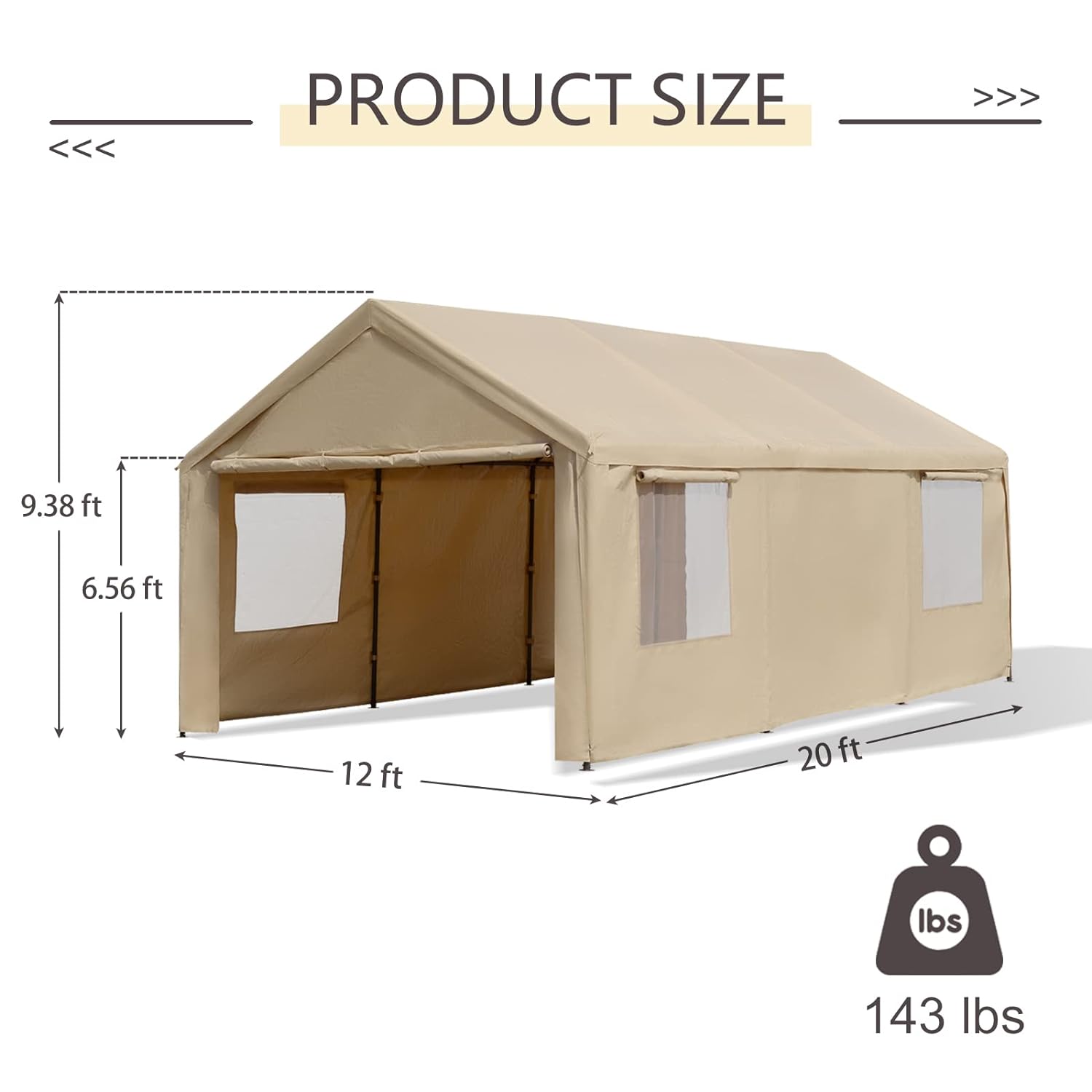 Gardesol Carport, 12'x20' extra grande y resistente con ventanas enrollables ventiladas, garaje portátil con paredes laterales y puertas extraíbles para coche, camión, SUV, toldo para coche con lona para todas las estaciones, color beige