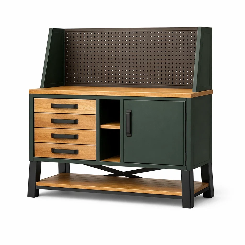 Établi en Bois et Métal avec Tiroirs et Étagères de Rangement-DREAMCHAIRCRAFT