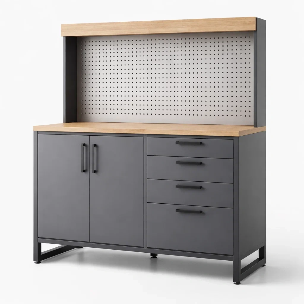 Établi en Métal et Bois avec 4 Tiroirs et Armoire-DREAMCHAIRCRAFT