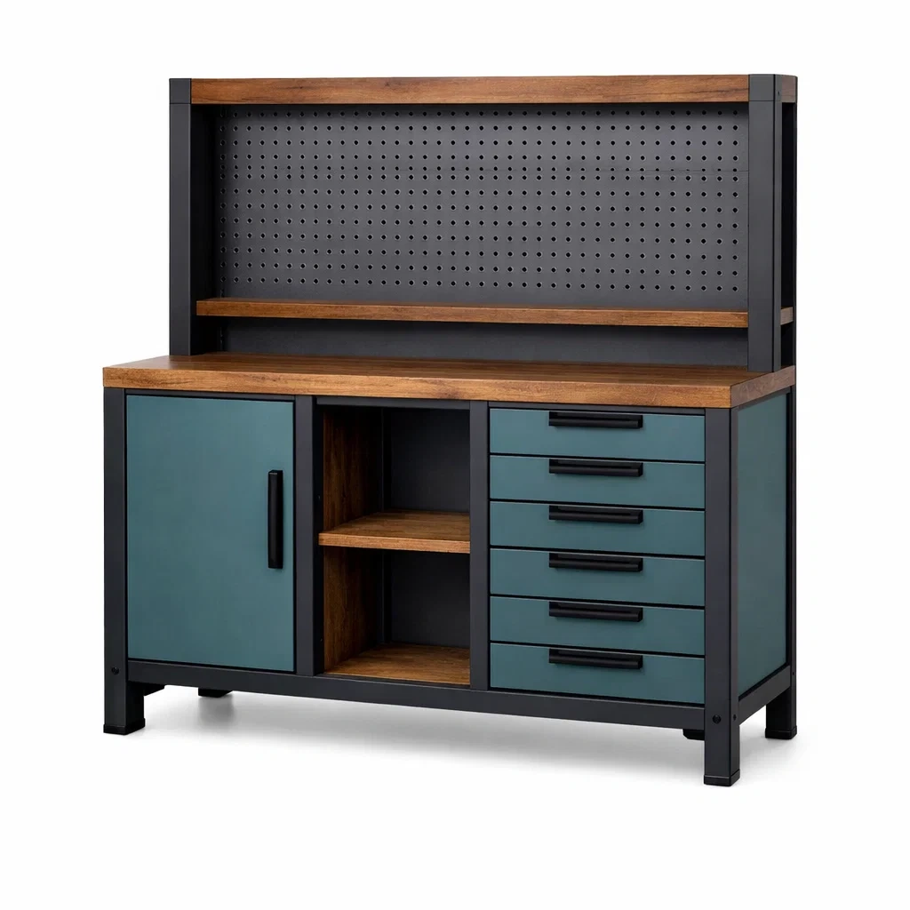 Établi en Bois et Métal avec Étagères et Tiroirs-DREAMCHAIRCRAFT