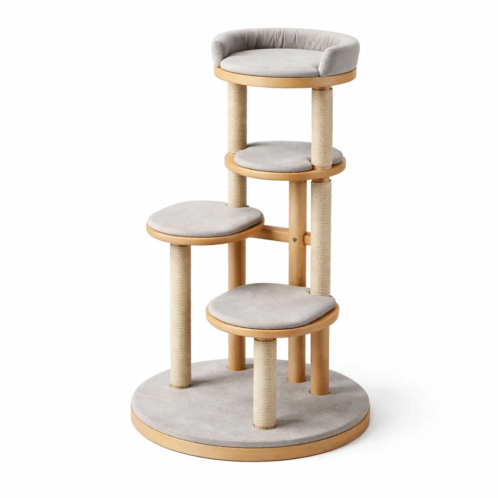 Arbre à chat en Bois avec Plateformes Rembourrées Beige-LuxeRoomCrafts