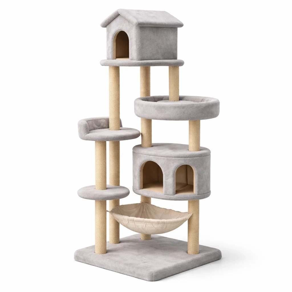 Arbre à chat en Velours Gris avec Griffoir en Sisal-LuxeRoomCrafts