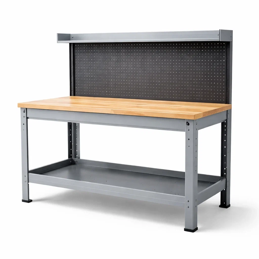 Établi en Bois et Métal avec Panneau Perforé-LUXEHOMENEST