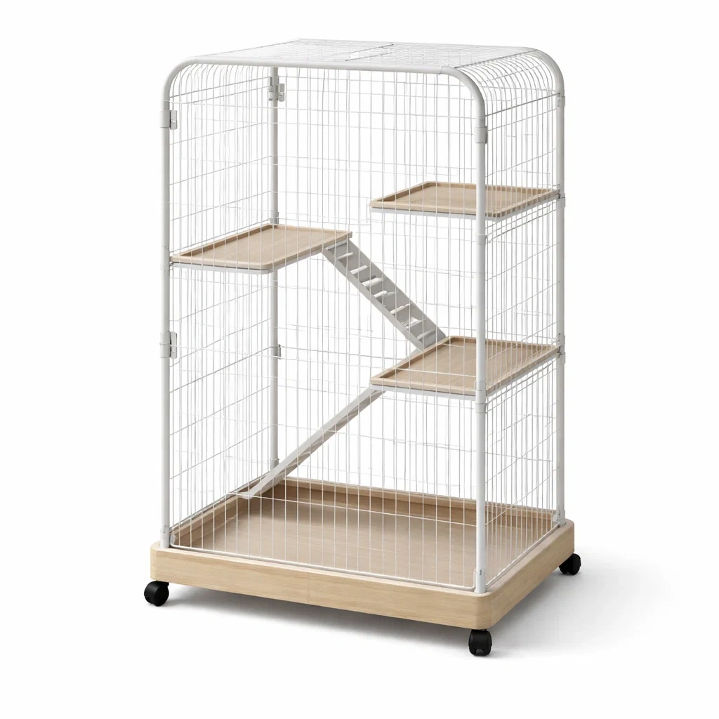 Cage à chat en Bois et Métal avec Étagères et Roulettes-LUXEHOMENEST