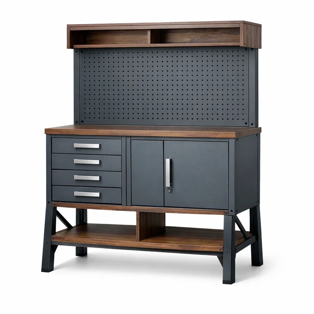 Établi en Métal et Bois avec Rangement et Panneau Perforé-LUXEHOMENEST