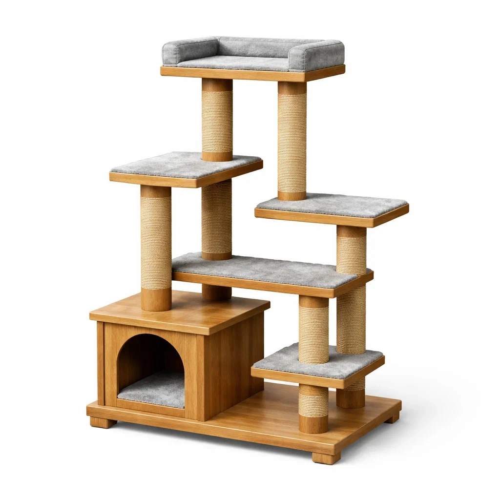 Arbre à chat en Bois avec Plateformes en Tissu Gris et Poteaux en Sisal-LUXEHOMENEST