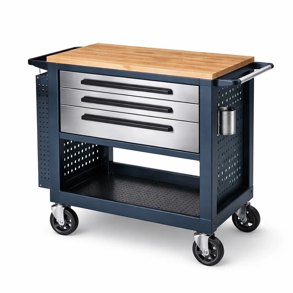 Chariot à outils en Acier Inoxydable et Bois de Hêtre avec Roulettes-LUXEHOMENEST