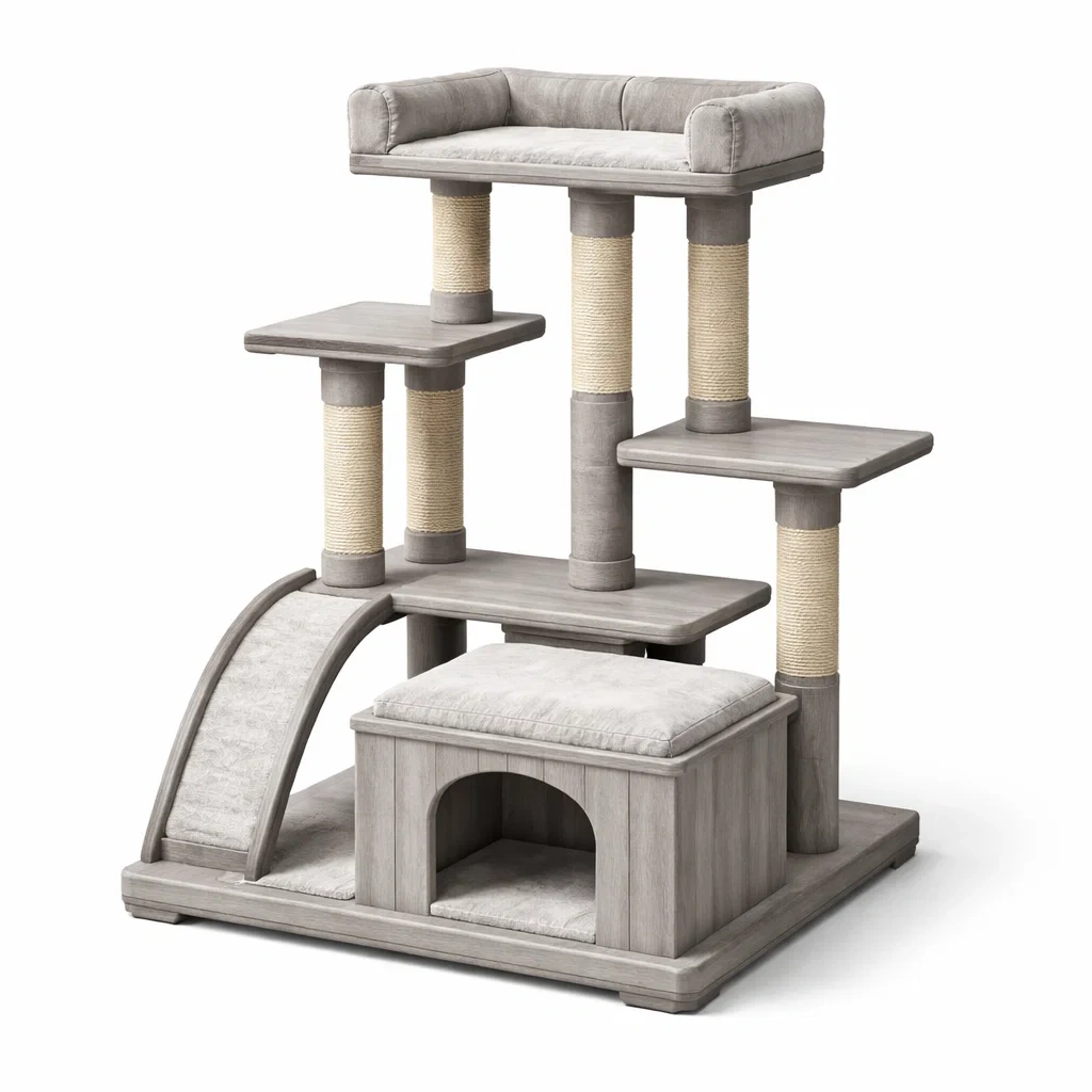 Arbre à chat en Bois Sisal et Polyester Gris et Beige 48x48x120 cm-LUXEHOMENEST