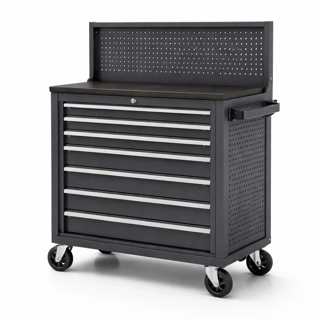 Chariot à outils en Métal avec Plateau en Bois Roulettes et 7 Tiroirs-LUXEHOMENEST
