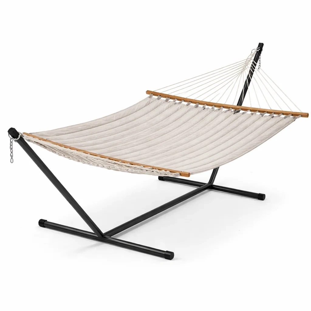 Hamac avec Support en Métal et Toile Beige-URBANFURNISHFIT