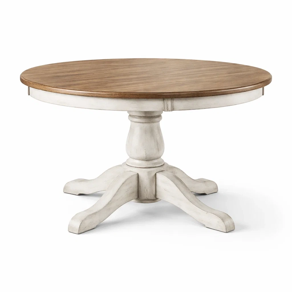 Table en Bois Massif avec Piètement Central Blanc et Plateau Naturel-URBANFURNISHFIT