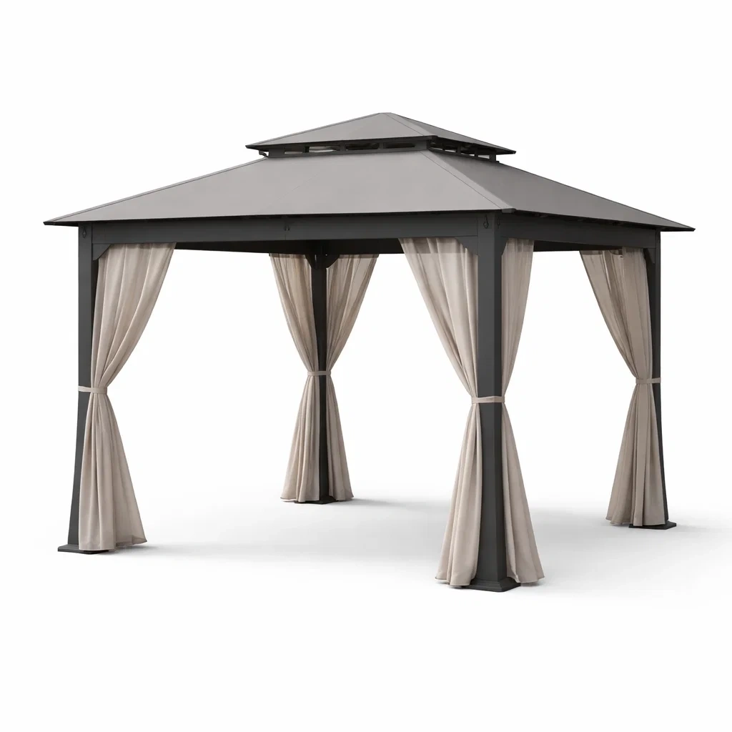 Pavillon en Aluminium et Acier avec Rideaux en Polyester Beige-URBANFURNISHFIT