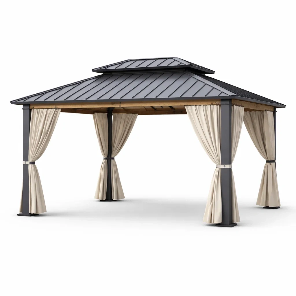 Pavillon en Métal Anthracite avec Toit Double et Rideaux en Polyester-URBANFURNISHFIT