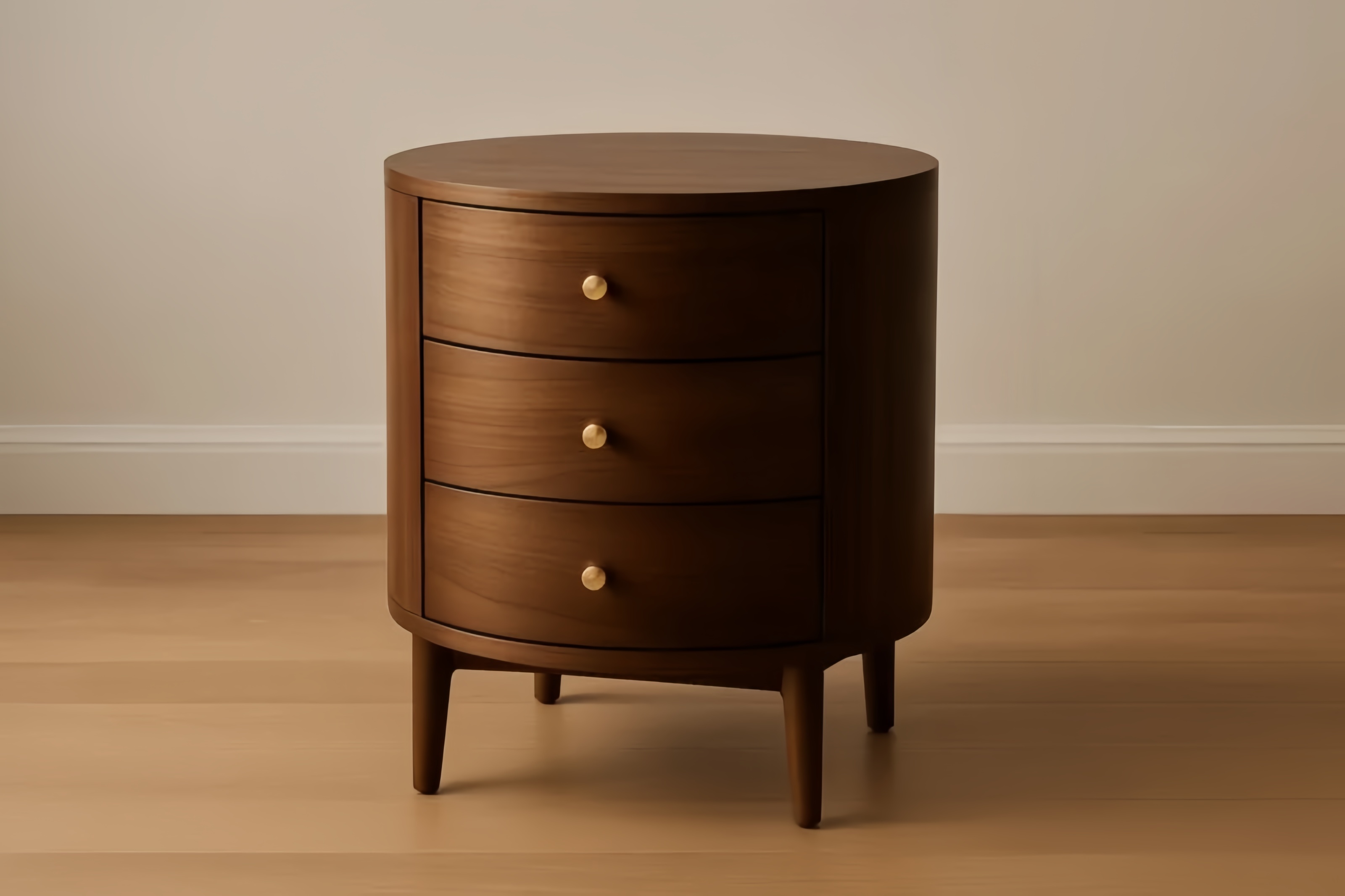 Table de nuit ronde en bois de noyer avec 3 tiroirs