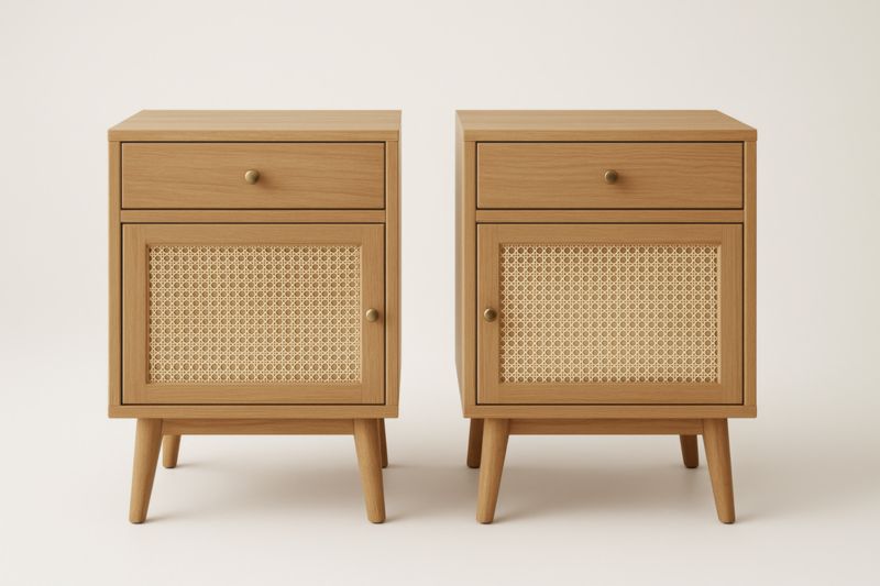 Lot de 2 tables de chevet en bois et rotin