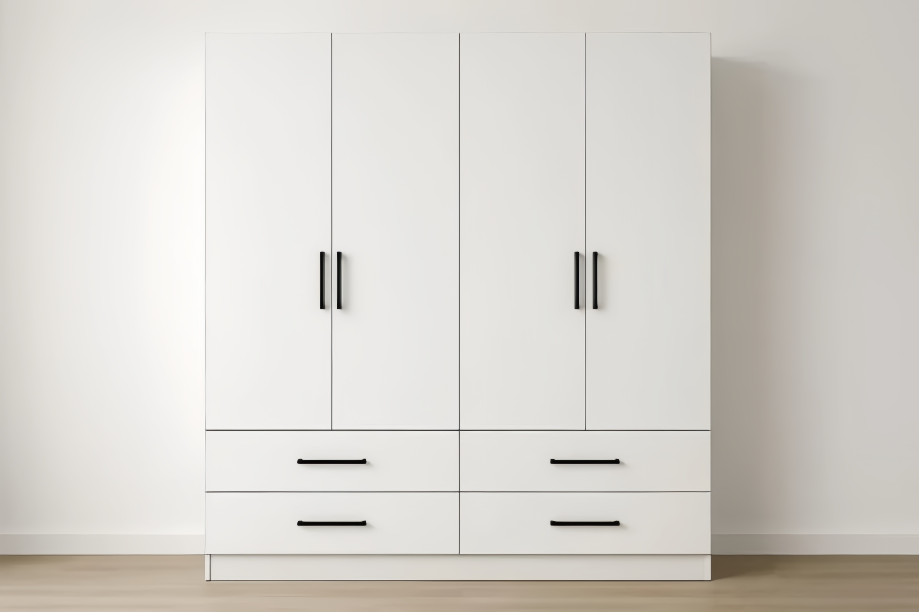 Armoire 160x50x180 cm en panneaux de particules blanc avec 4 portes battantes, 4 tiroirs et poignées en acier noir