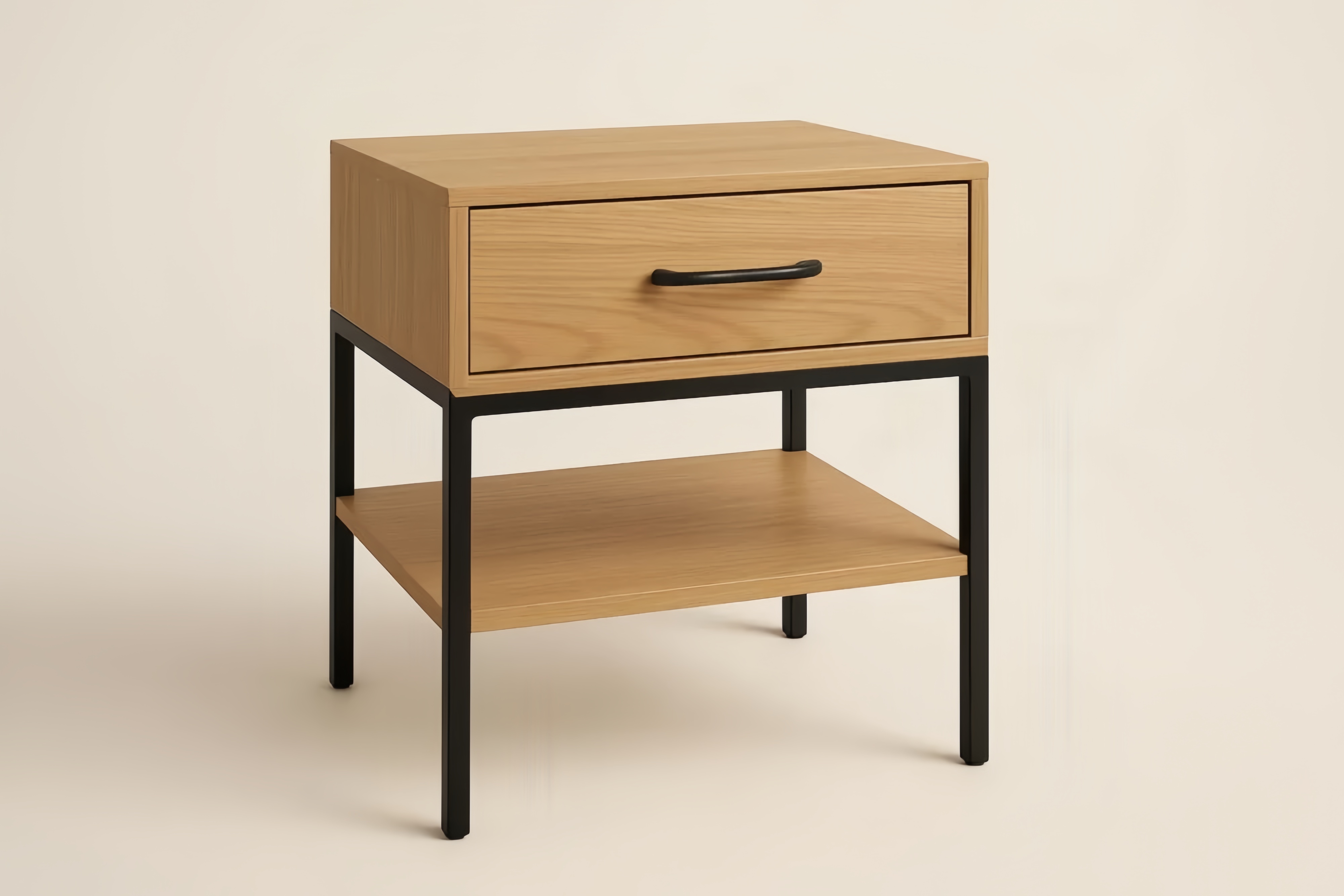 Table de chevet en bois avec cadre en acier noir et tiroir