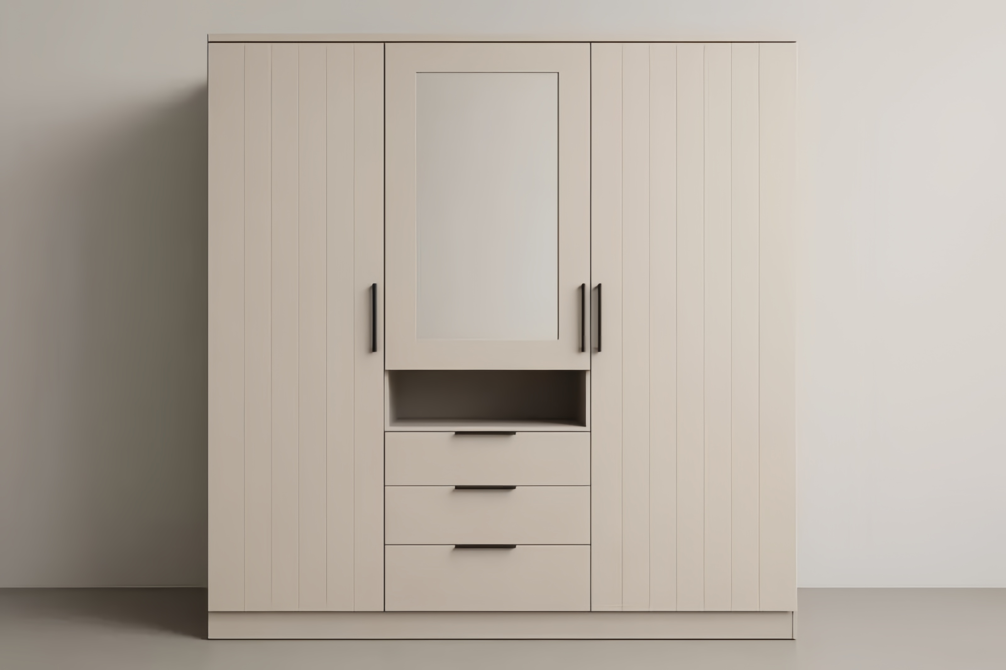 Armoire 150x60x200 cm en panneaux de particules avec 3 portes, 3 tiroirs, niche ouverte et miroir, poignées en acier noir