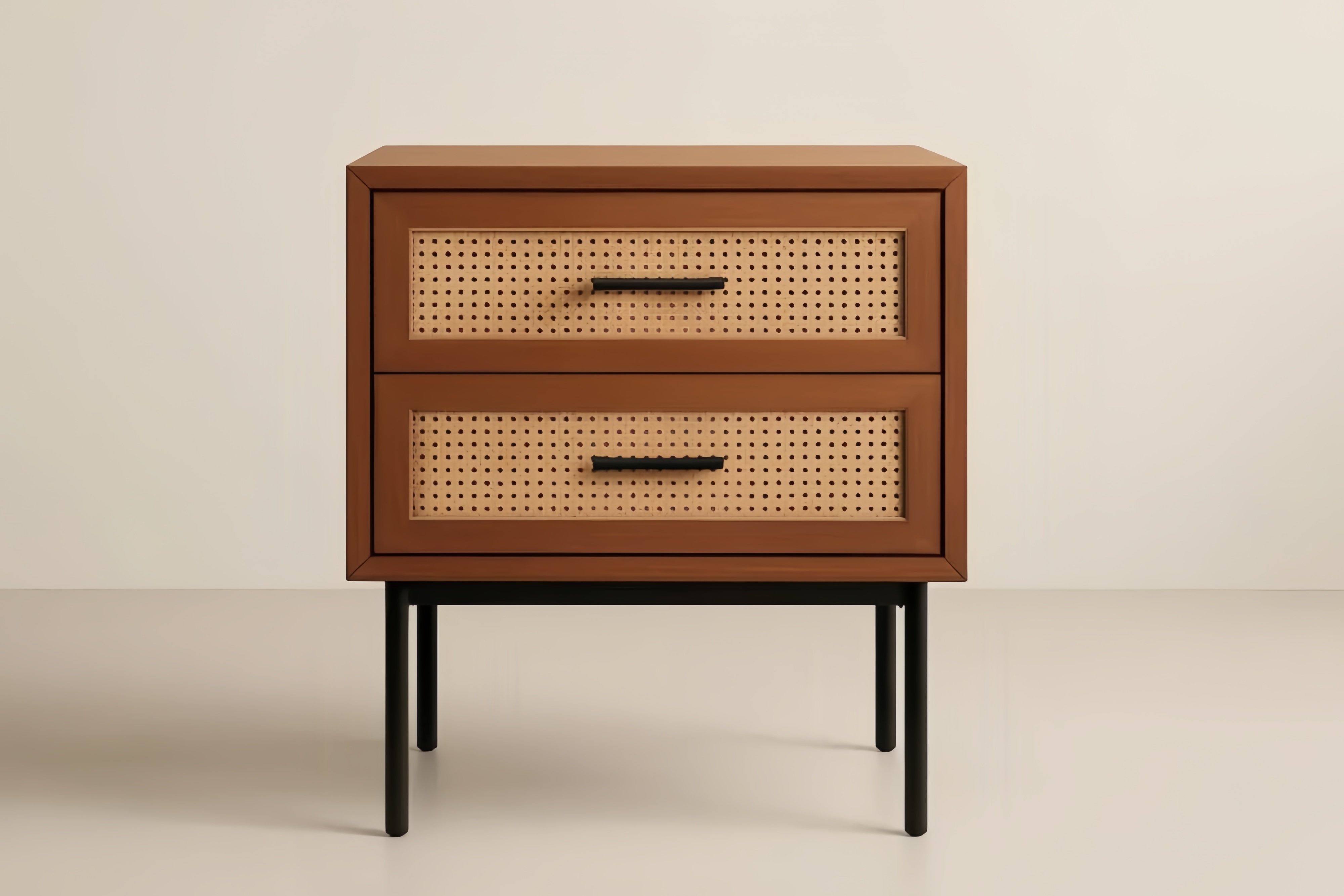 Table de chevet en bois et rotin avec deux tiroirs