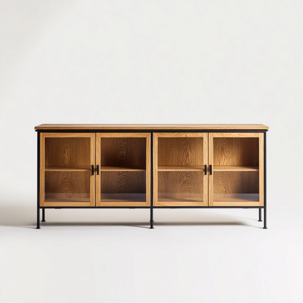 Buffet à quatre portes vitrées avec structure brune et piètement noir-Joyzcouch