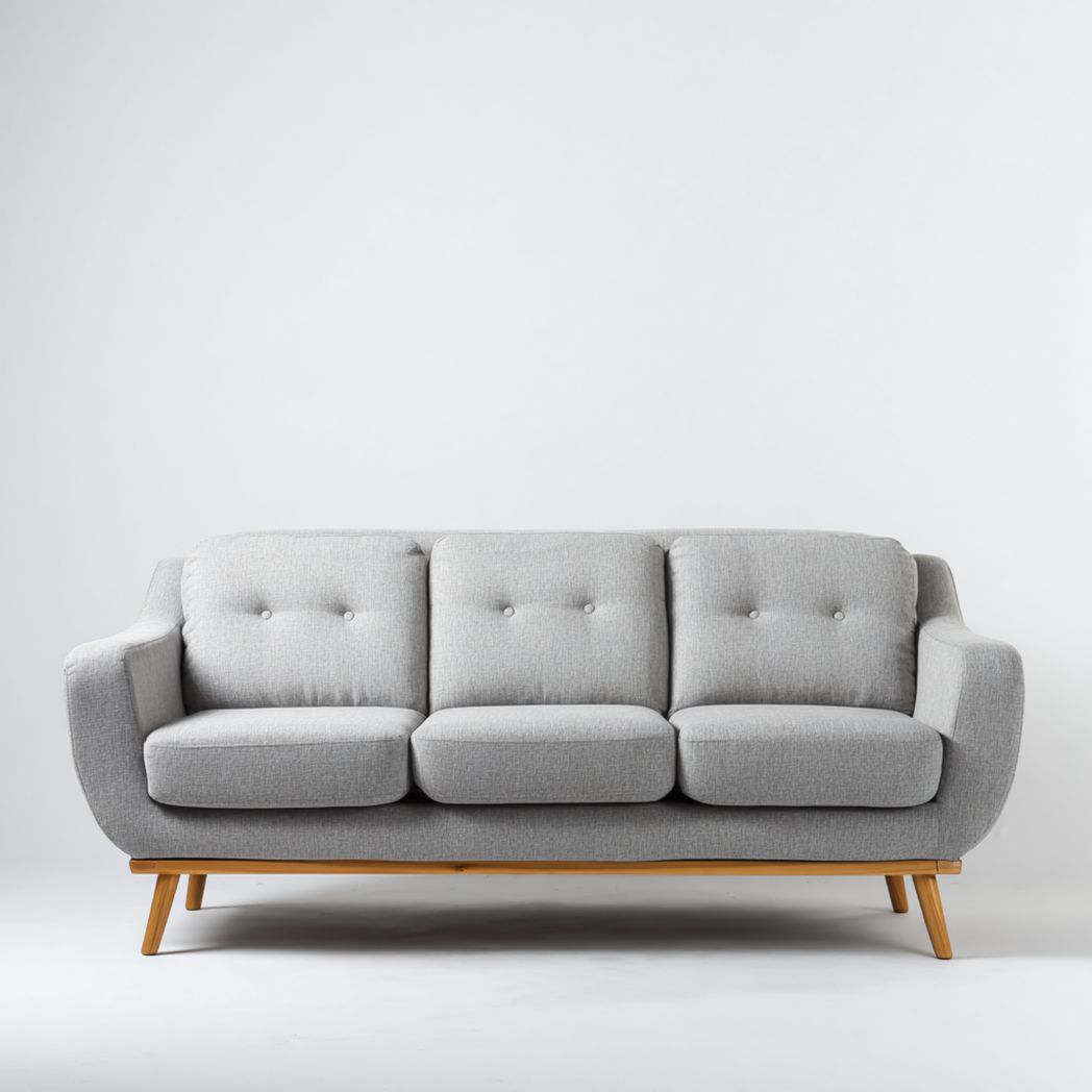 Canapé trois places en tissu gris avec pieds en bois brun-Joyzcouch