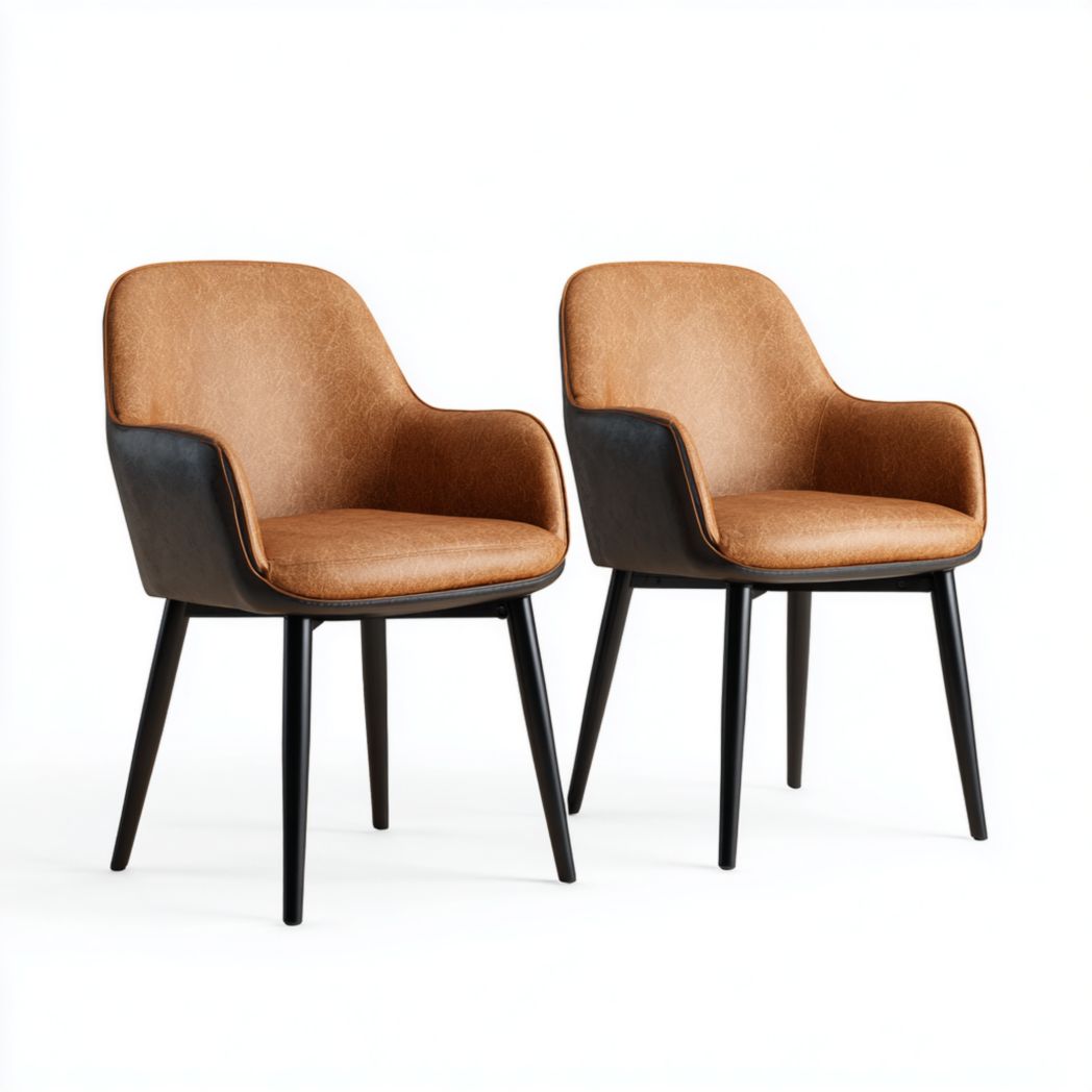 Lot de 2 fauteuils de table avec assise en similicuir brun et pieds noirs-Joyzcouch