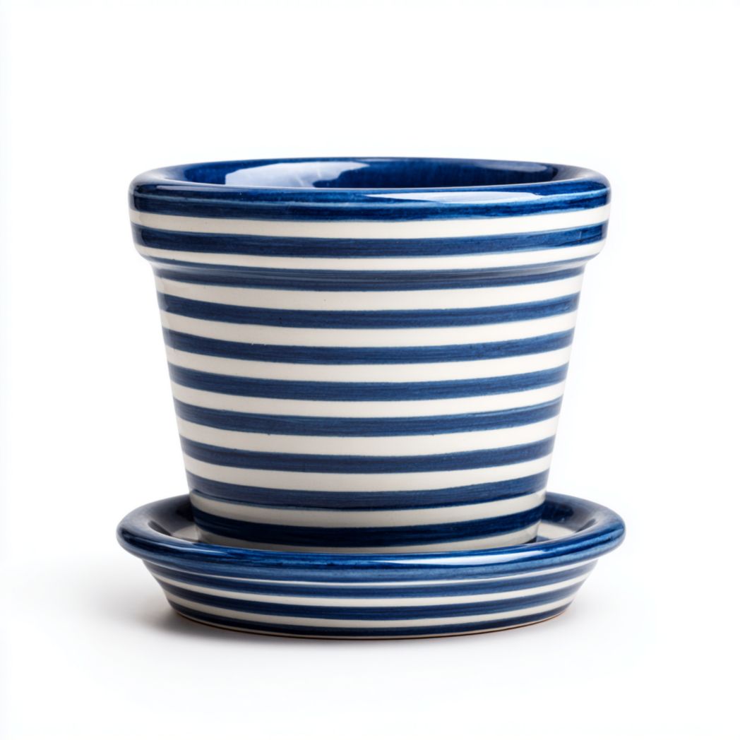Pot de fleurs à rayures avec soucoupe, association bleu et blanc-Joyzcouch