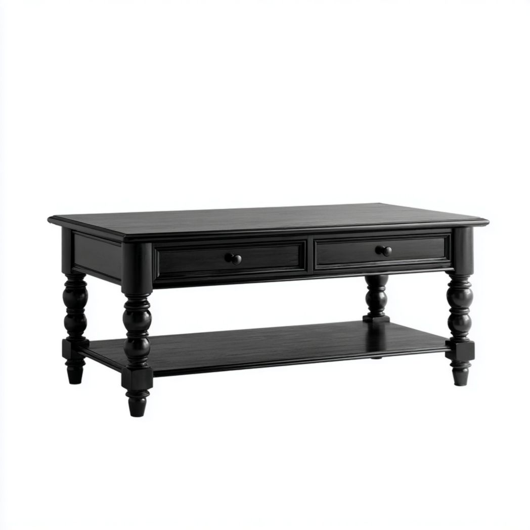 Table basse rectangulaire noire avec deux tiroirs et tablette inférieure-Joyzcouch