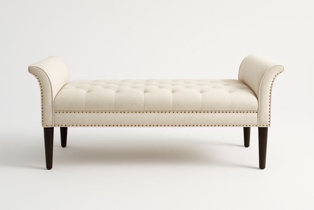 Panca fondo letto in lino beige con braccioli ricurvi e gambe in legno