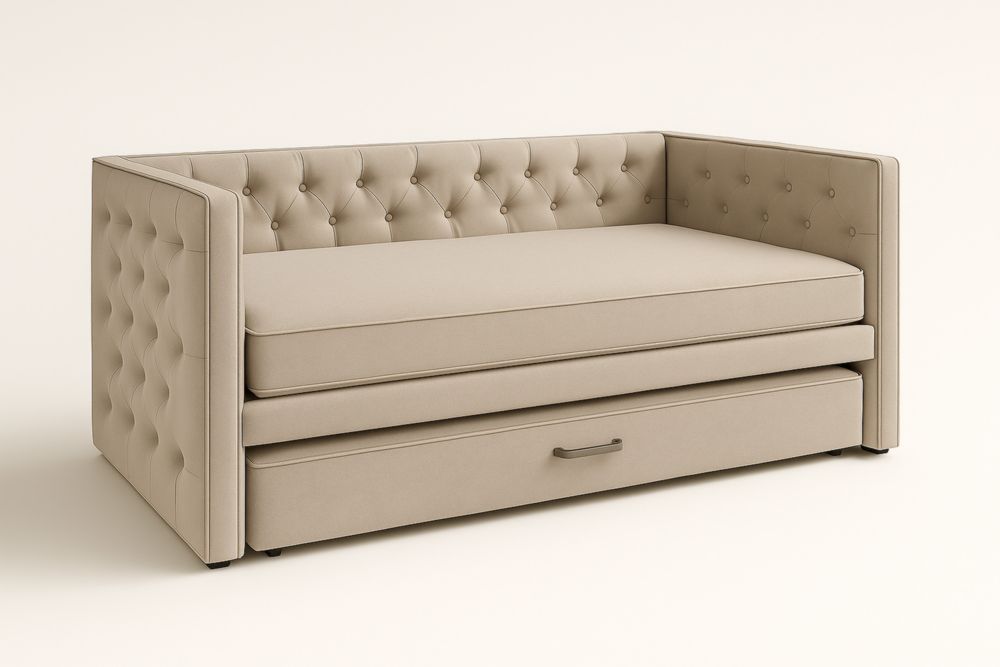 Daybed in tessuto di poliestere e legno massello beige con cassettone 210cm x 90cm x 85cm(Lu×L×H)