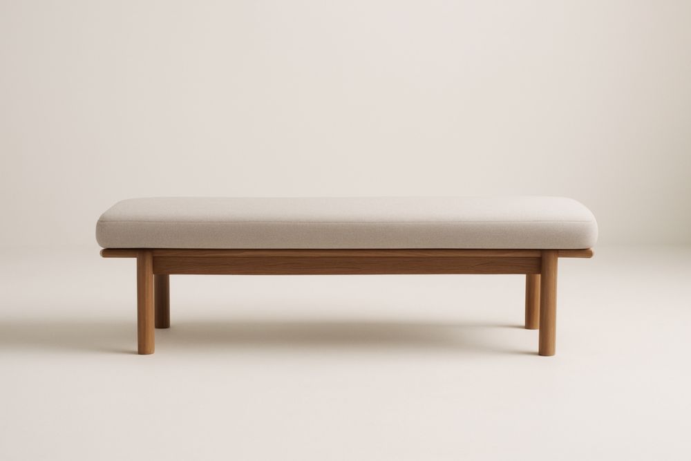 Panca fondo letto in legno con rivestimento in tessuto beige