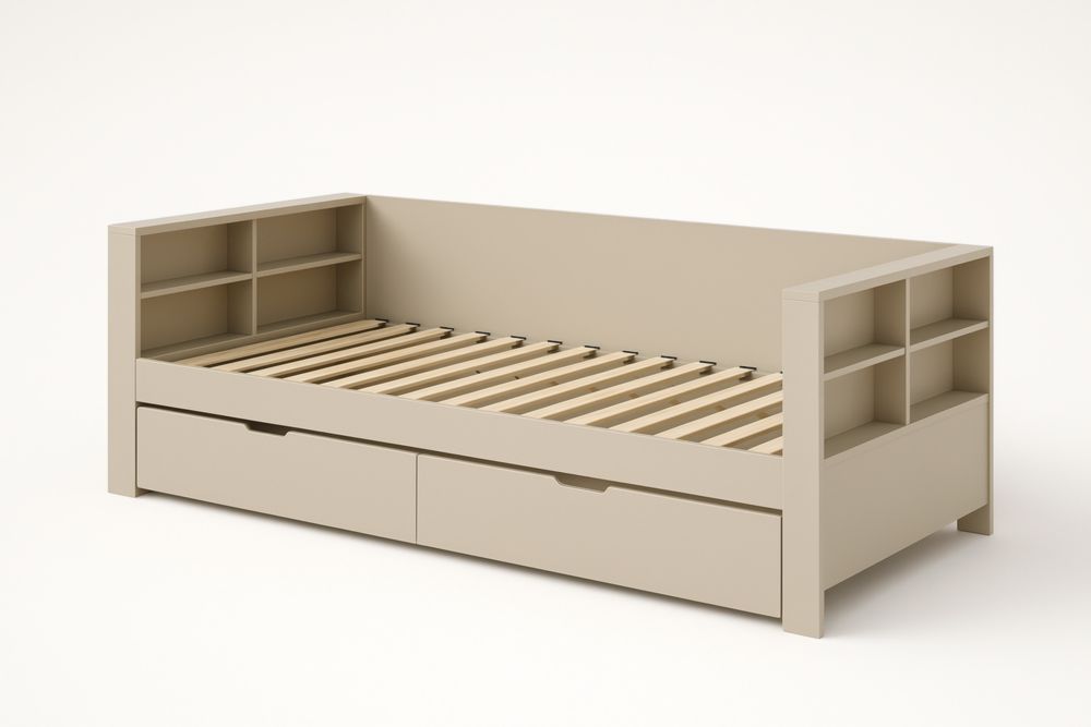 Daybed singolo in legno di pino beige con cassetti e scaffali laterali 200x90 cm(Lu×L)