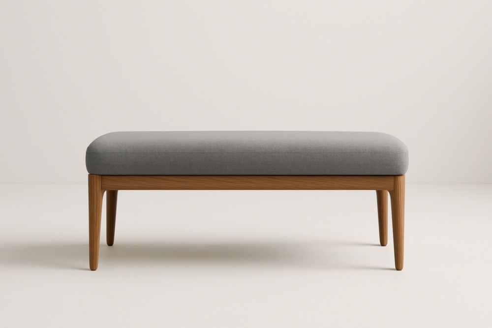 Panca fondo letto in legno massello con rivestimento in tessuto grigio
