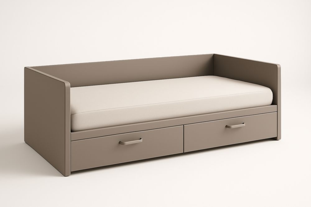 Daybed in melaminico marrone chiaro con cassetti e materasso