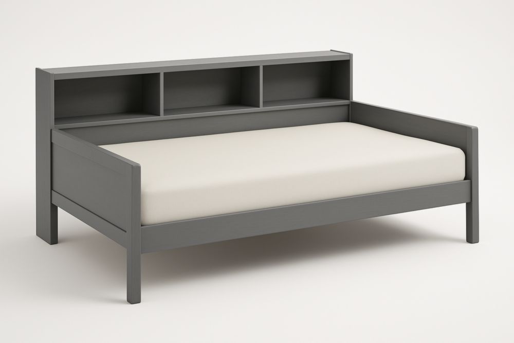 Daybed grigio con libreria e struttura in legno massello