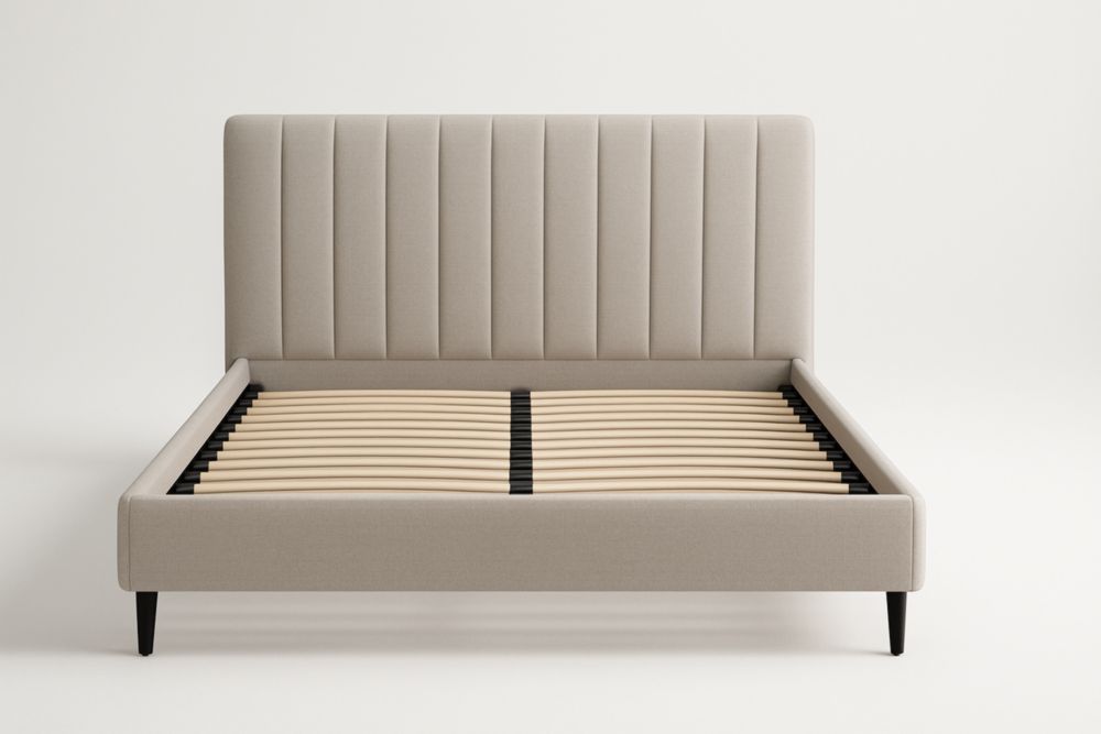 Letto Matrimoniale Beige con Testiera Imbottita in MDF e Cotone 200x160 cm