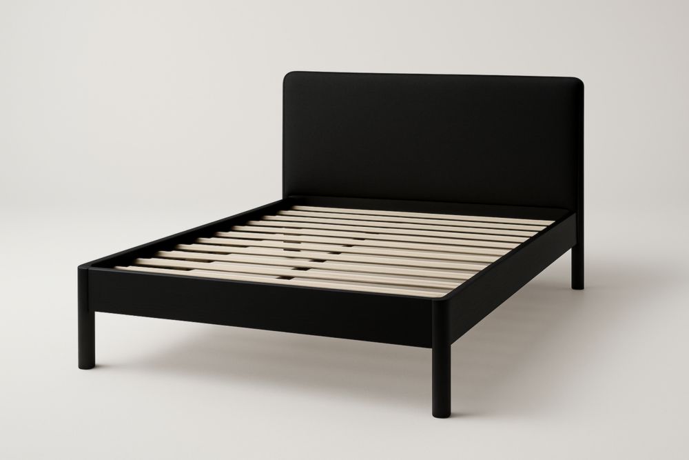 Letto matrimoniale in legno e tessuto imbottito nero