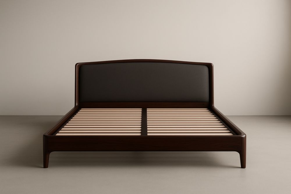 Letto Matrimoniale 160x200 in Noce con Testiera Imbottita Nera