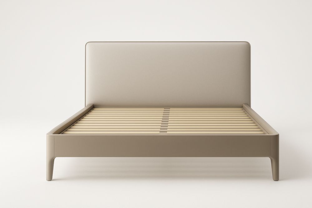 Letto matrimoniale imbottito beige con struttura in legno